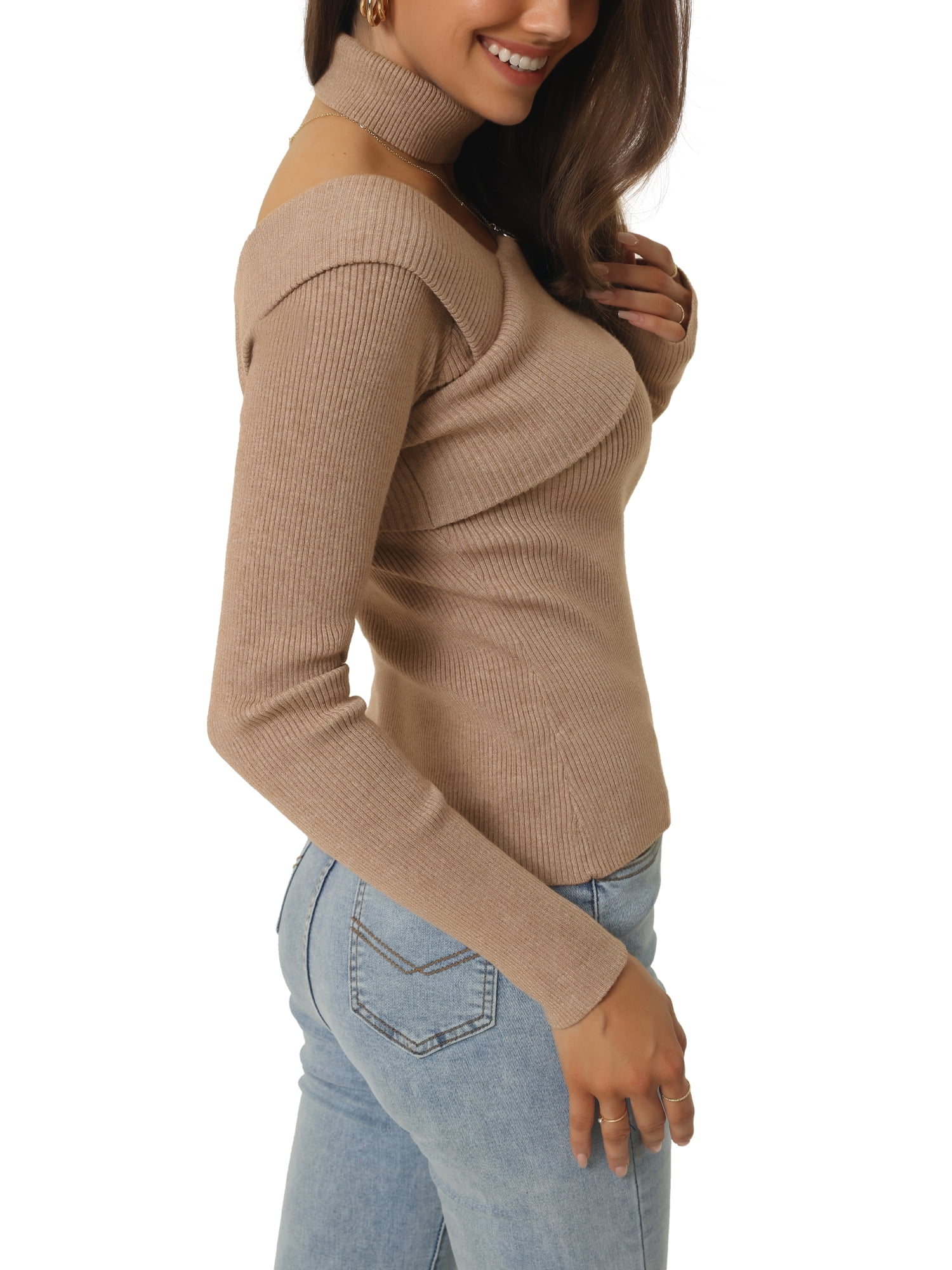 Unique Bargains Women's Long Sleeve V Neck Chocker Slim Fit Sweater Tops Khaki S