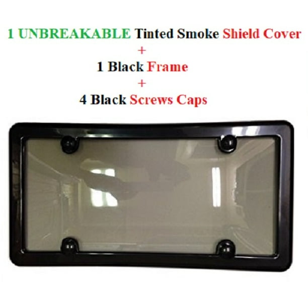 UNBREAKABLE TINTED SMOKE LICENSE PLATE SHIELD COVER + BLACK FRAMES + 4 BLACK SCREW CAPS