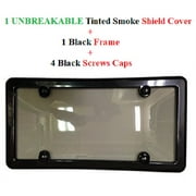 UNBREAKABLE TINTED SMOKE LICENSE PLATE SHIELD COVER   BLACK FRAMES   4 BLACK SCREW CAPS