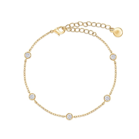 18K Yellow Gold Plated Five Stone Station Link Bracelet for Women| 3MM Moissanite Classic Tennis Bracelet | Bezel-Set 6" 2" Adjustable Chain Bracelet (0.50 Cttw)