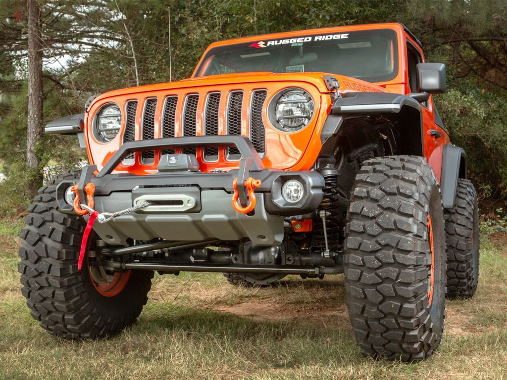 Rugged Ridge by RealTruck Venator Bumper, Front for Jeep JL/JT | Stubby w/ Winch Tray, Steel, Satin Black | 11549.44 | Compatible with 2018-2024 Jeep Wrangler JL; 2020-2024 Jeep Gladiator JT