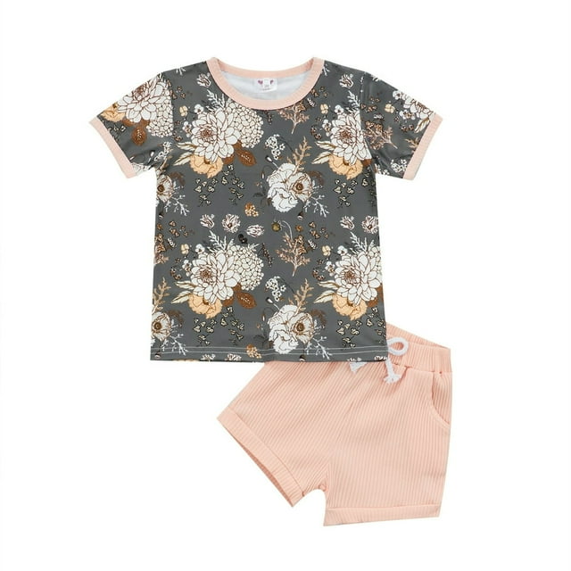 Toddler Baby Girl Summer Clothing 2Pcs Set Floral Print Short Sleeve Tops + Solid Color Shorts Set