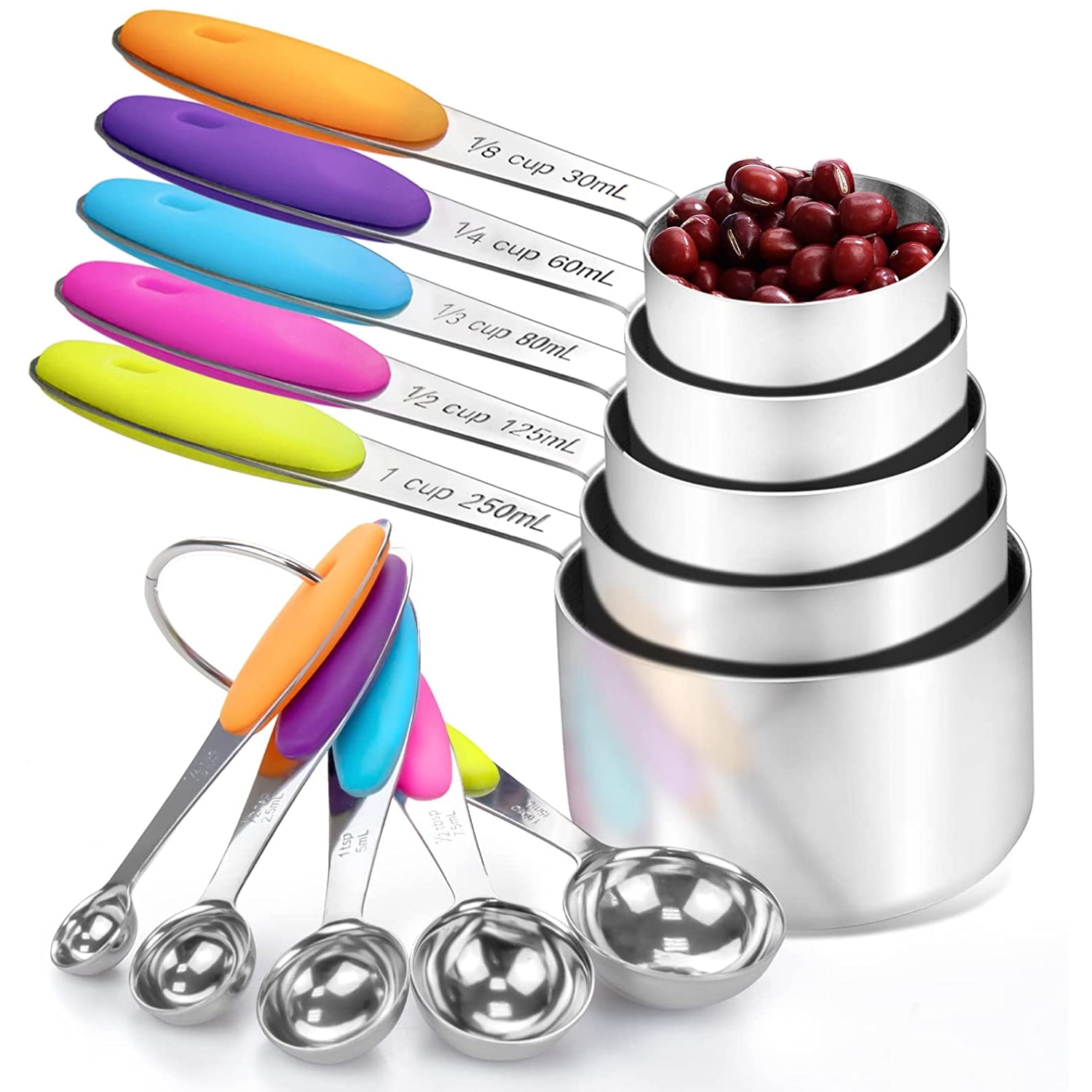ACAKitchen Stainless Steel Measuring Cups and Spoons Set of 10 Piece, with  Soft Touch Colorful Silicone Handles for Dry and Liquid Ingredients