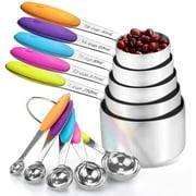Howarmer Stainless Steel Measuring Cups and Spoons Set, 10 Piece Measuring Spoons and Cups with Soft Silicone Handles and Clearly Scale
