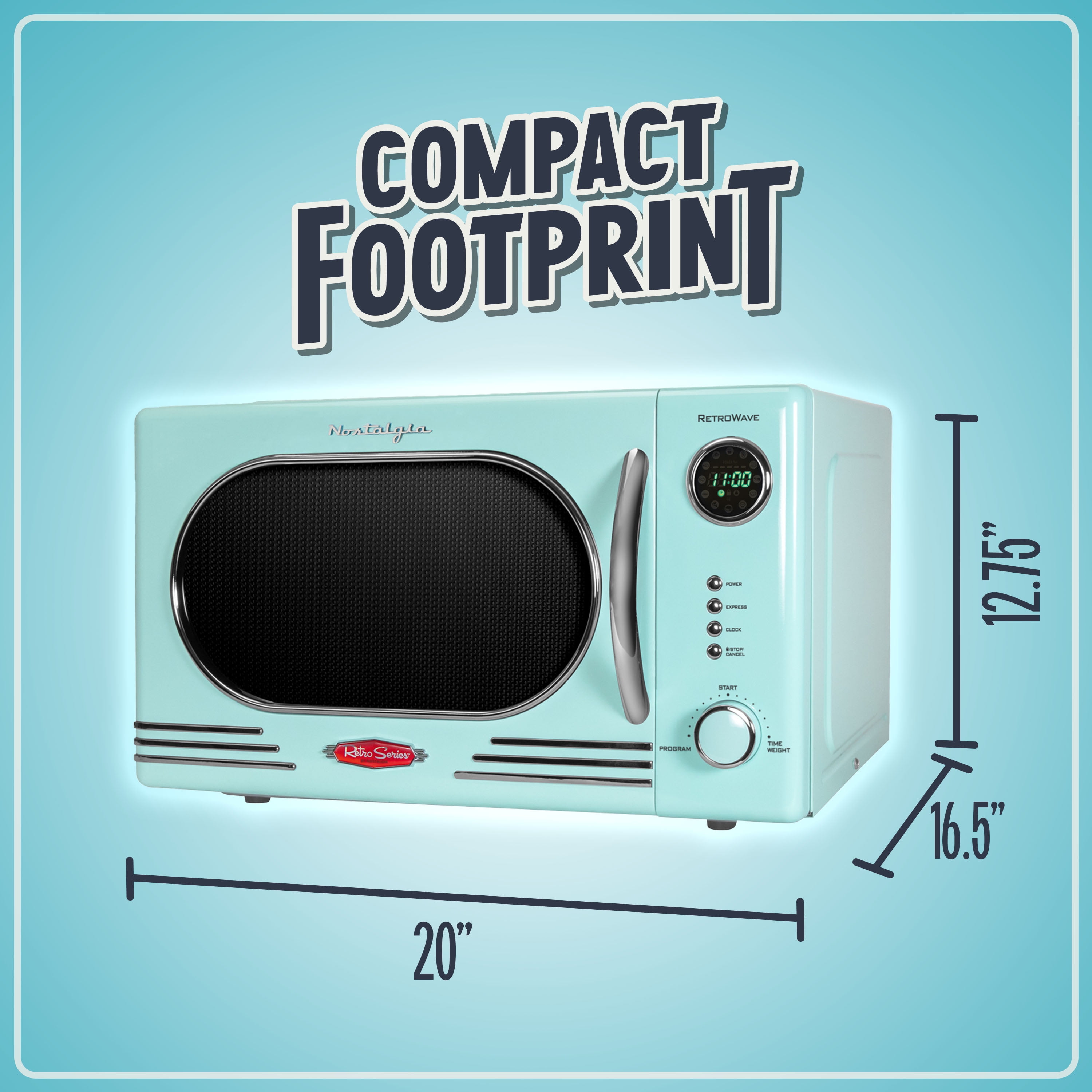 Nostalgia 1.1 cu ft Retro Microwave Oven, 1000W Countertop Microwave Oven with Digital Clock, Aqua