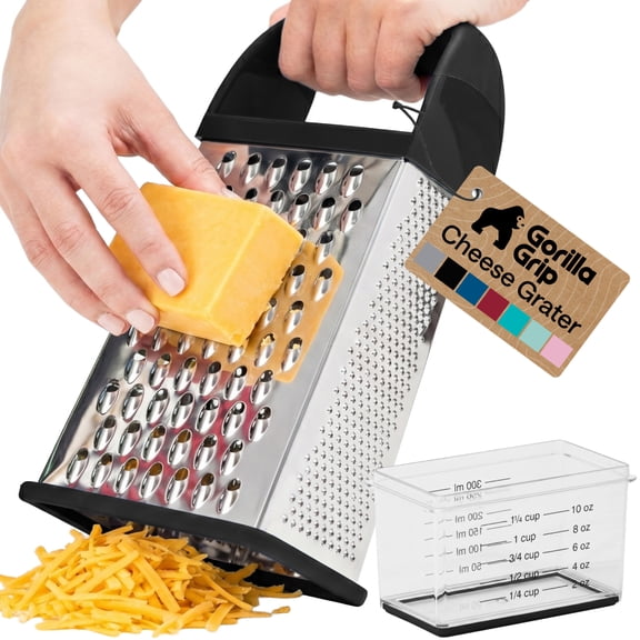 GORILLA GRIP Cheese Grater, BPA Free Stainless Steel Box Graters, Cheeses and Veggie Shredder, Black