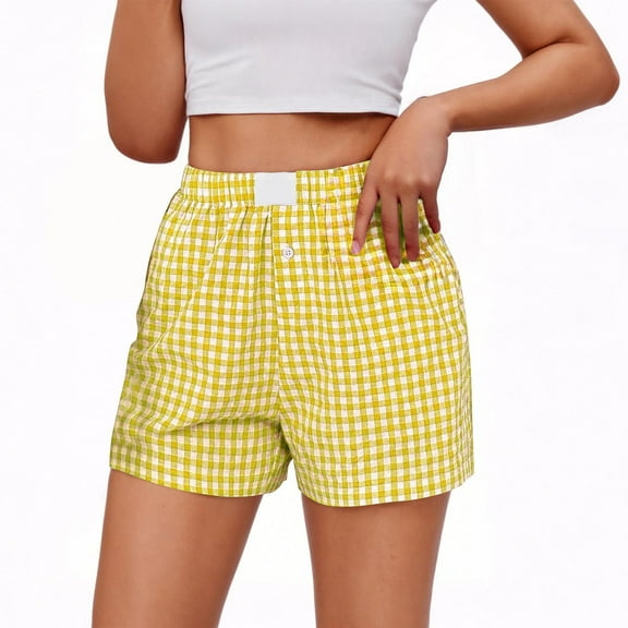 ABATAB Women Summer Shorts Cute Fashion Plaid Short Lounge Pants Elastic Waisted Cotton Linen with Pockets