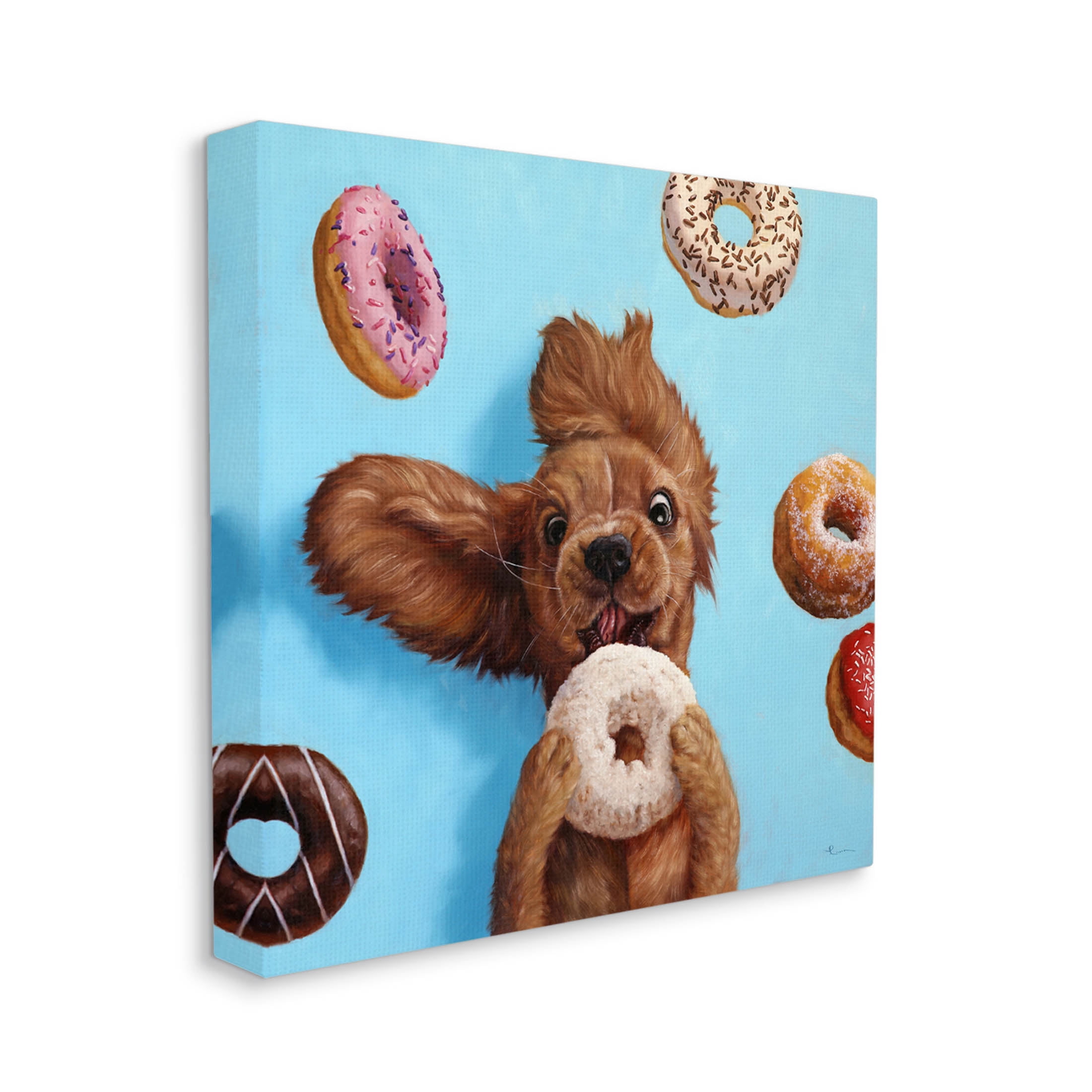 Funny Face Dog Licking Donut Animals & Insects Painting Gallery Wrapped Canvas Print Wall Art