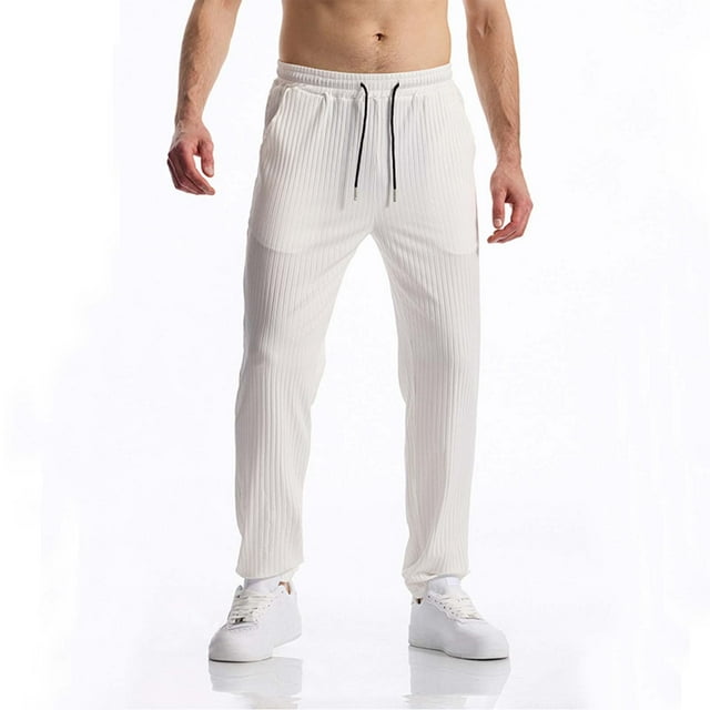 Handshe Men's Solid Ribbed Casual Pants with Elastic Waist, Relaxed Straight-Leg Fit for Everyday Wear