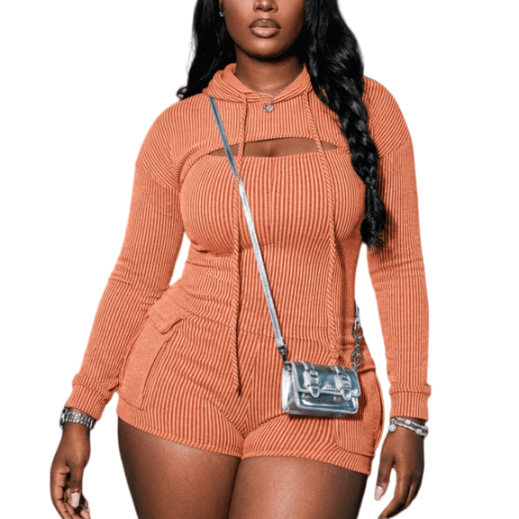Women's 2 Piece Ribbed Knit Outfits Long Sleeve Crop Shrug Hoodie and Romper Set