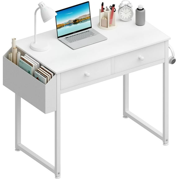 Small Desk with Drawers - for Bedroom, 32 Inch Home Office Computer Desk, White