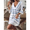 thumbnail image 3 of Women Striped V-Neck Geometric Pattern Casual Vacation Mini Dress with Lace Trim, 3 of 6