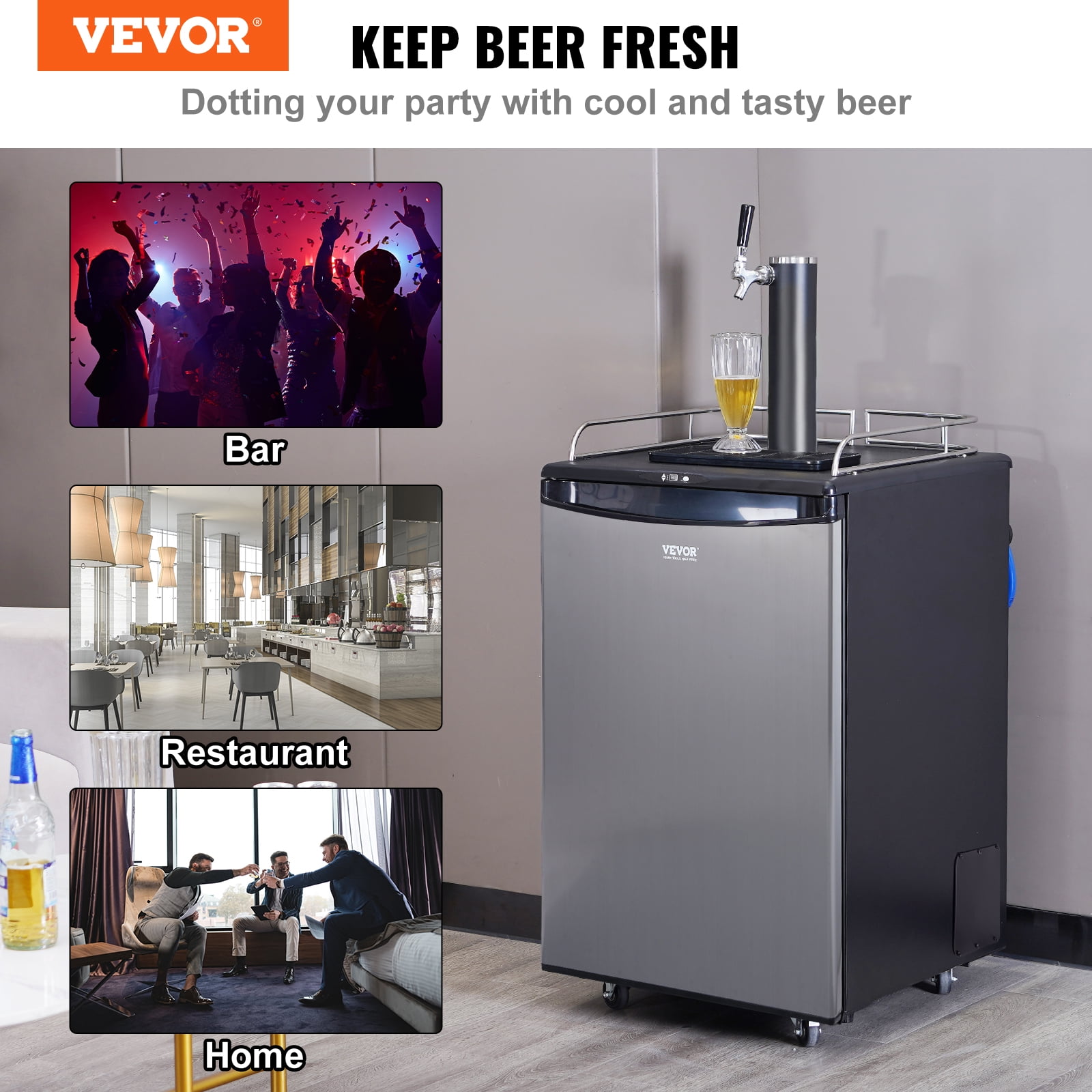 VEVOR Beer Kegerator, Single Tap Draft Beer Dispenser, Full Size Keg Refrigerator With Shelves, CO2 Cylinder, Drip Tray & Rail, 32°F- 75.2°F Temperature Control, Holds 1/6, 1/4, 1/2 Barrels, Silver