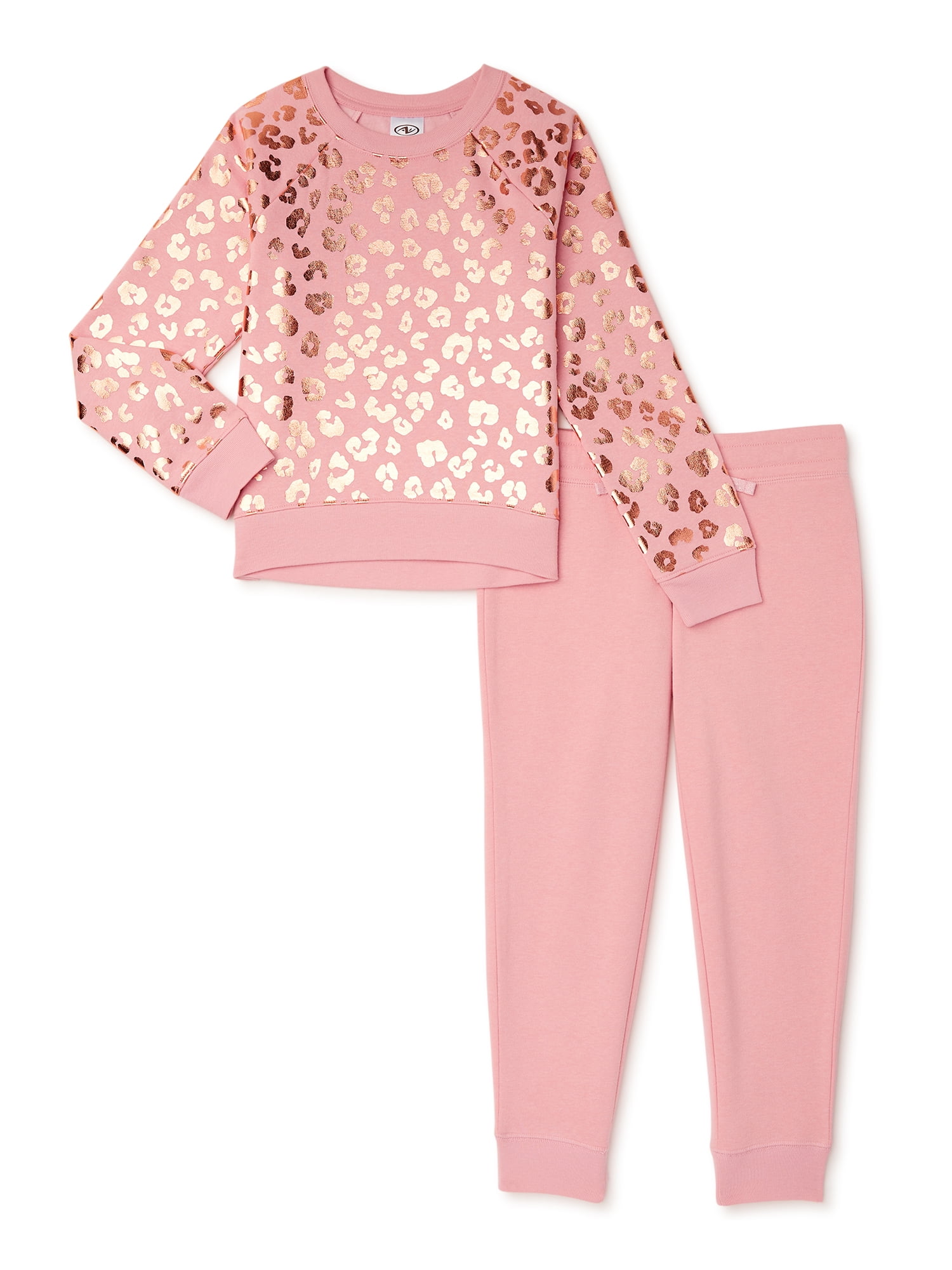 Athletic Works Girls Printed Fleece Sweatshirt and Jogger Sweatpants, 2