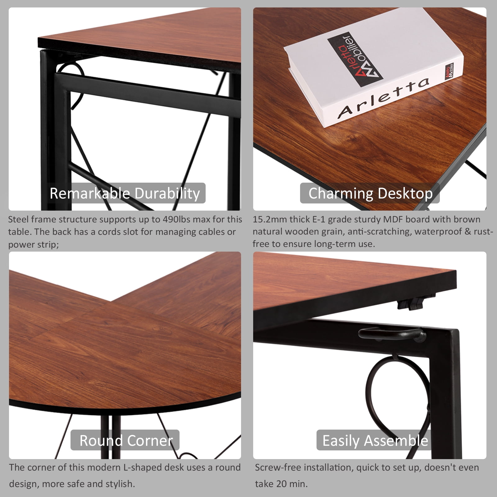 VECELO L Shaped Computer Desk, Corner Computer Desk, Sturdy Home Office Folding Office Table for Small Space, Writing Desk, Gaming Desk Workstation, Brown
