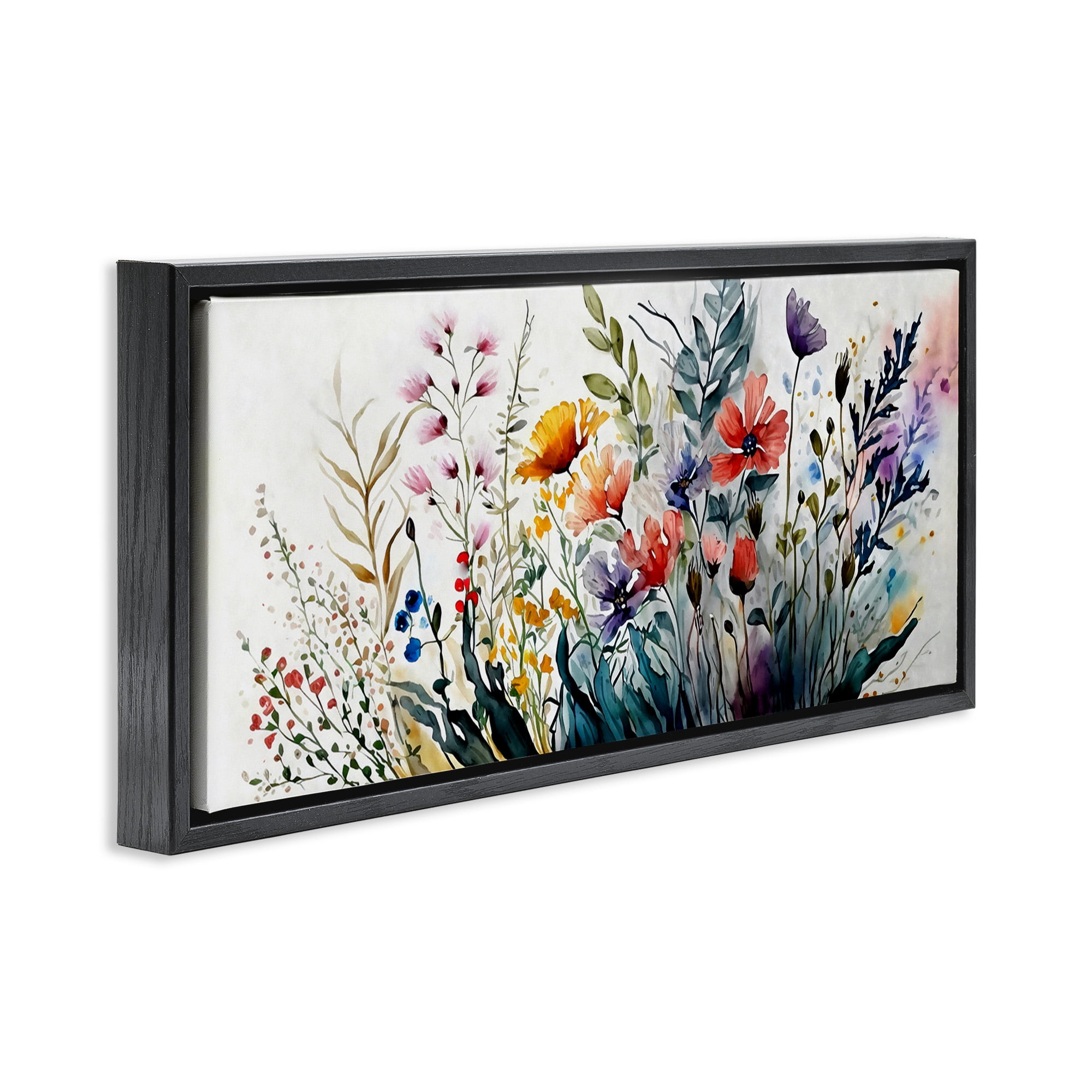 Stupell Industries Bold Floral Hues Blooming Nature Botanical & Floral Painting Black Floater Framed Canvas Art Print Wall Art, 31 x 14