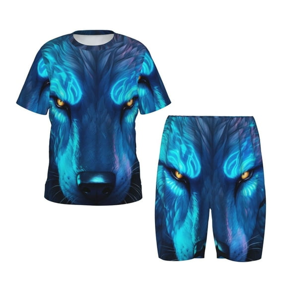 Balery Futuristic Blue Light Wolf Conjunto de Pijama Infantil de Manga Corta con Estampado – Ropa de Dormir de Algodón Suave-Large