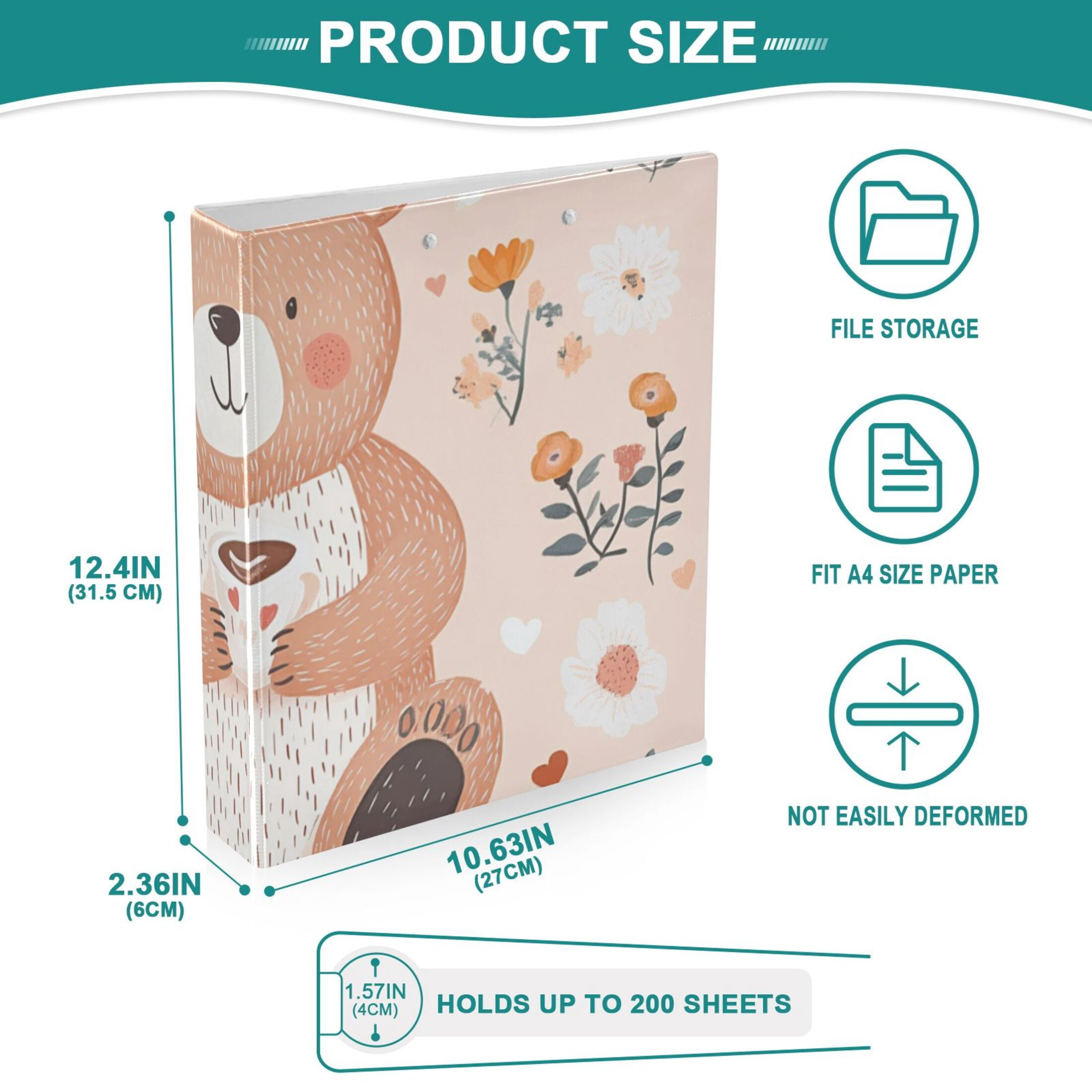 Flowers and Bears 3 Ring Binders 1.5 inch Hardcover File Folders with Interior Pockets A4 Size Organizer for School Office Hospital