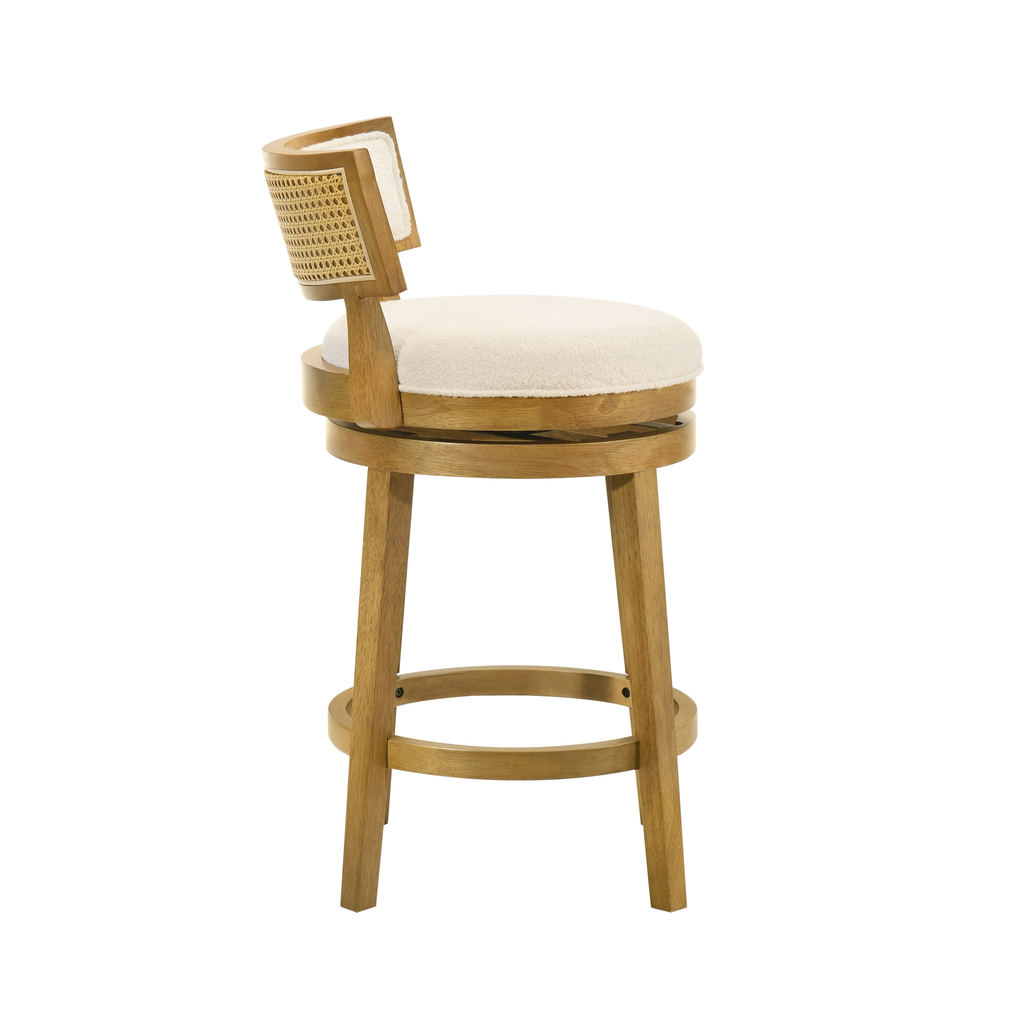 Noely Modern Farmhouse Swivel Wood Counter Height Kitchen Bar Stool in Amber Glow Finish with White Boucle Fabric Upholstered Seat - Set of 4