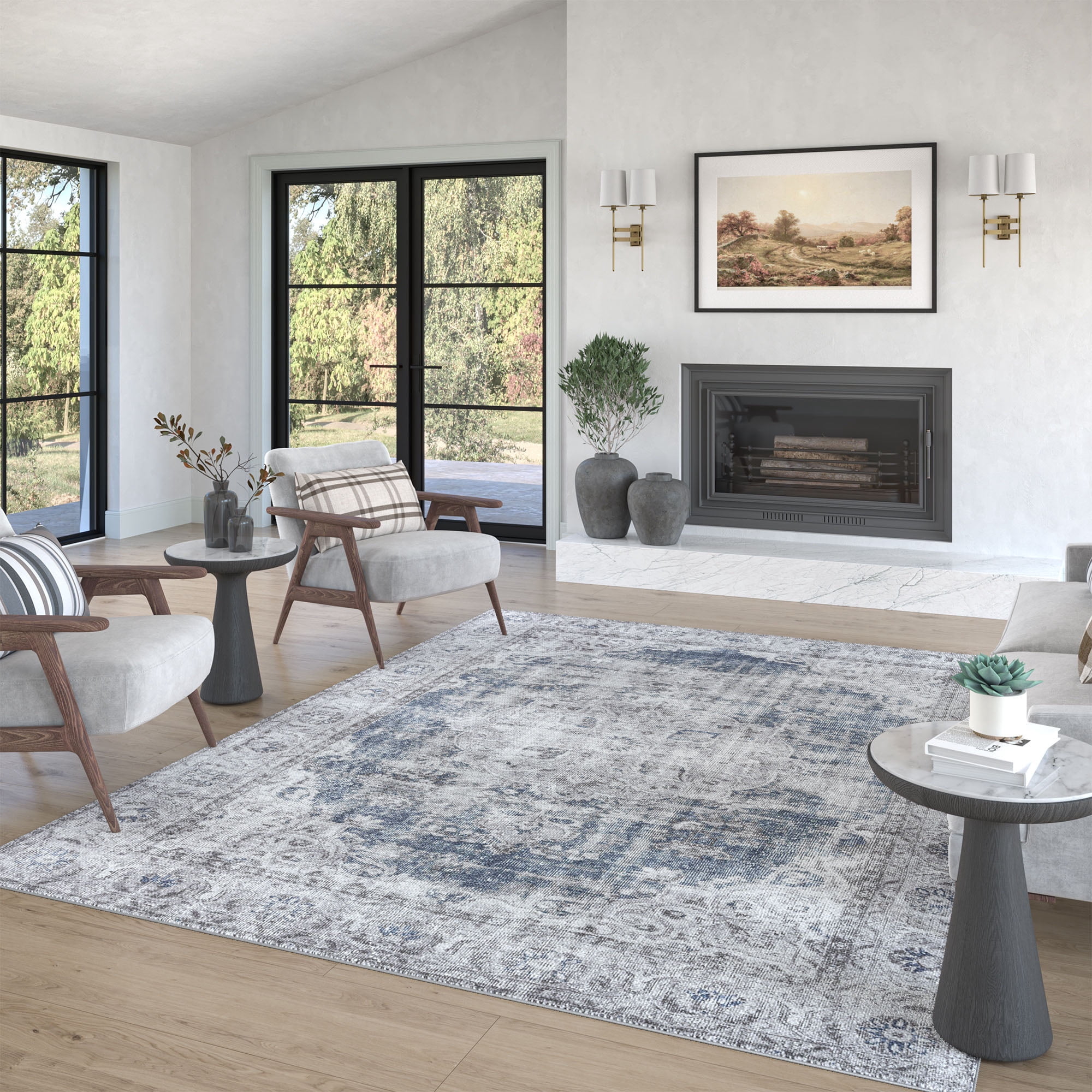 Traditional 5x7 Area Rug (5'3'' x 7'3'') Oriental Navy, Gray Living Room Easy to Clean Machine Washable