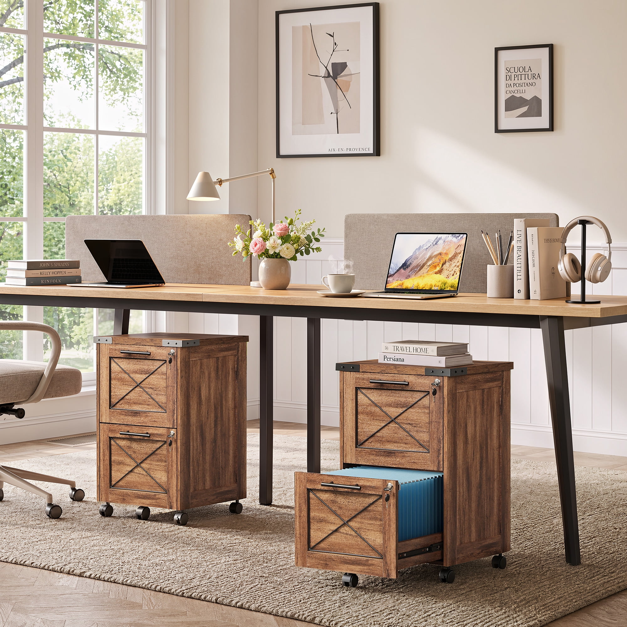 GALAXHERO 2 Drawer File Cabinet with Lock, Under Desk Filing Cabinets, Mobile Printer Stand for Home Office, Wood Storage Organizer Fit Letter/A4 Size, Oak
