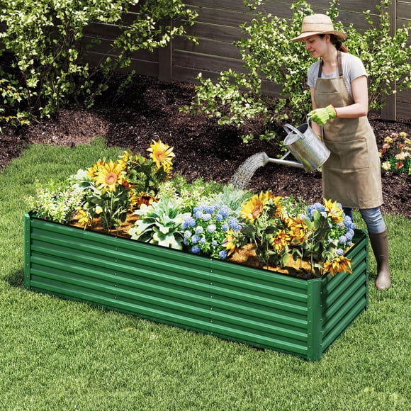 DEXTRUS 8x4x2 ft Galvanized Metal Raised Garden Bed Kit w/ Gloves, Ground Nails & Support Rod – Outdoor Planter Box with Safety Edge, Green
