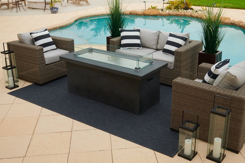 AKOYA Outdoor Essentials – 60" Rectangular Chat Height Outdoor Propane Gas Concrete Smokeless Fire Pit for Patio, Table with Glass Guard and Crystals in Gray (Amber)