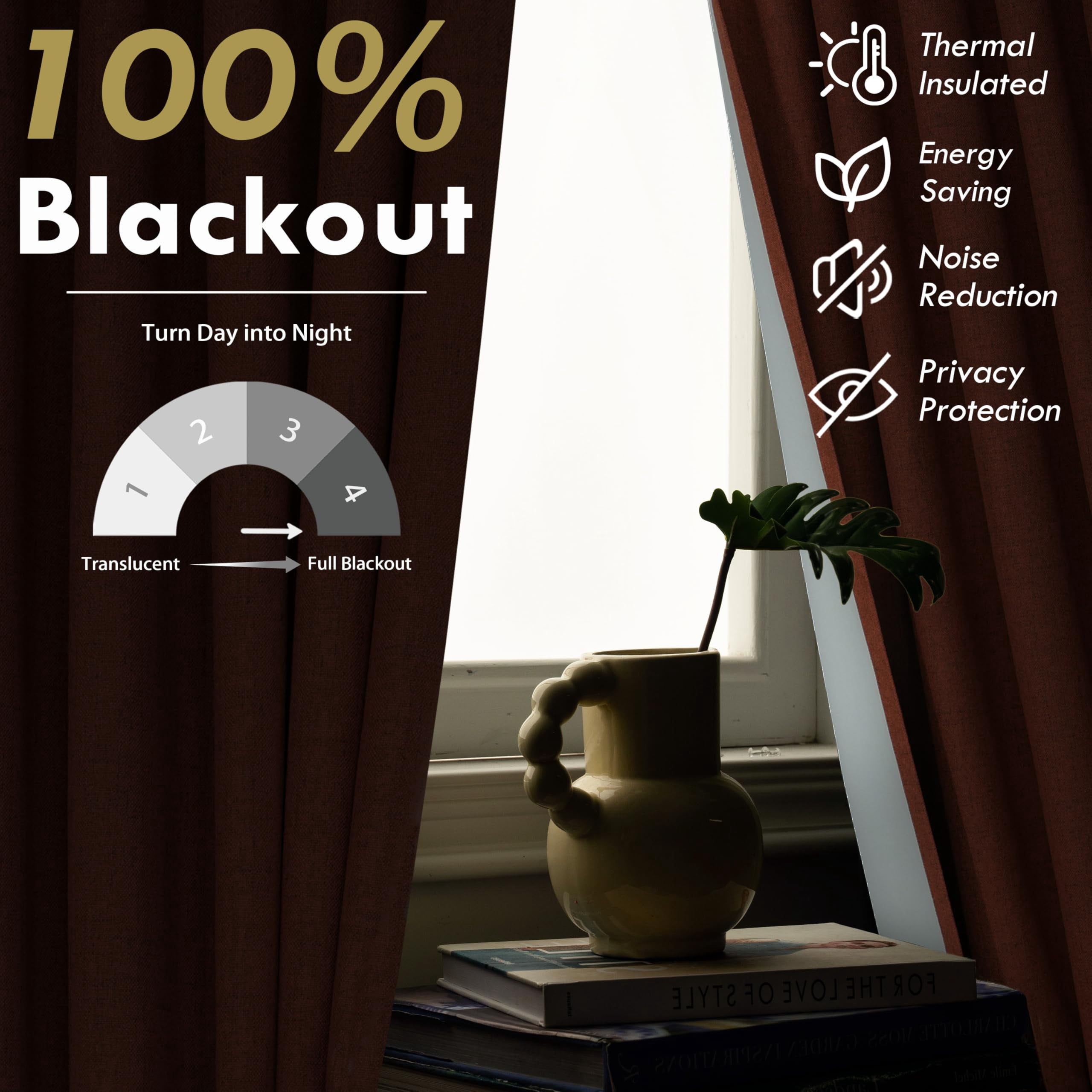 DriftAway 100% Blackout Linen Curtains for Bedroom 108 Inches Long Drape Farmhouse Thermal Insulated 3 Inch Rod Pocket Back Tab Full Light Blocking 2 Panels for Living Room Nursery