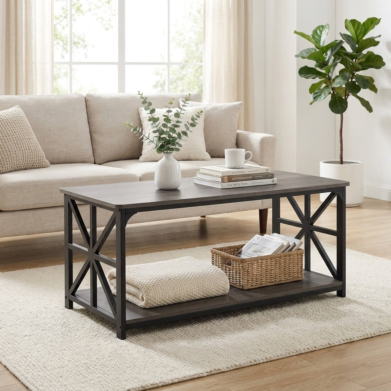 Furnibear 2-Tier Center Coffee Table with Bottom Storage Shelf and Carbon Steel X-Frame for Living Room and Home Office, Rustic, Oak