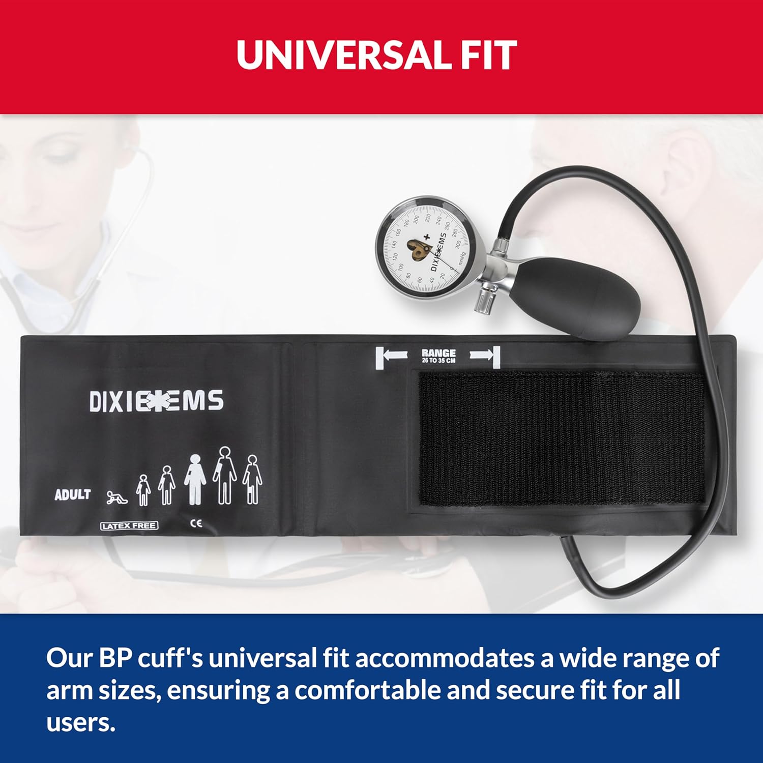 Dixie EMS Manual Aneroid Blood Pressure Cuff Sphygmomanometer for Adults - Black