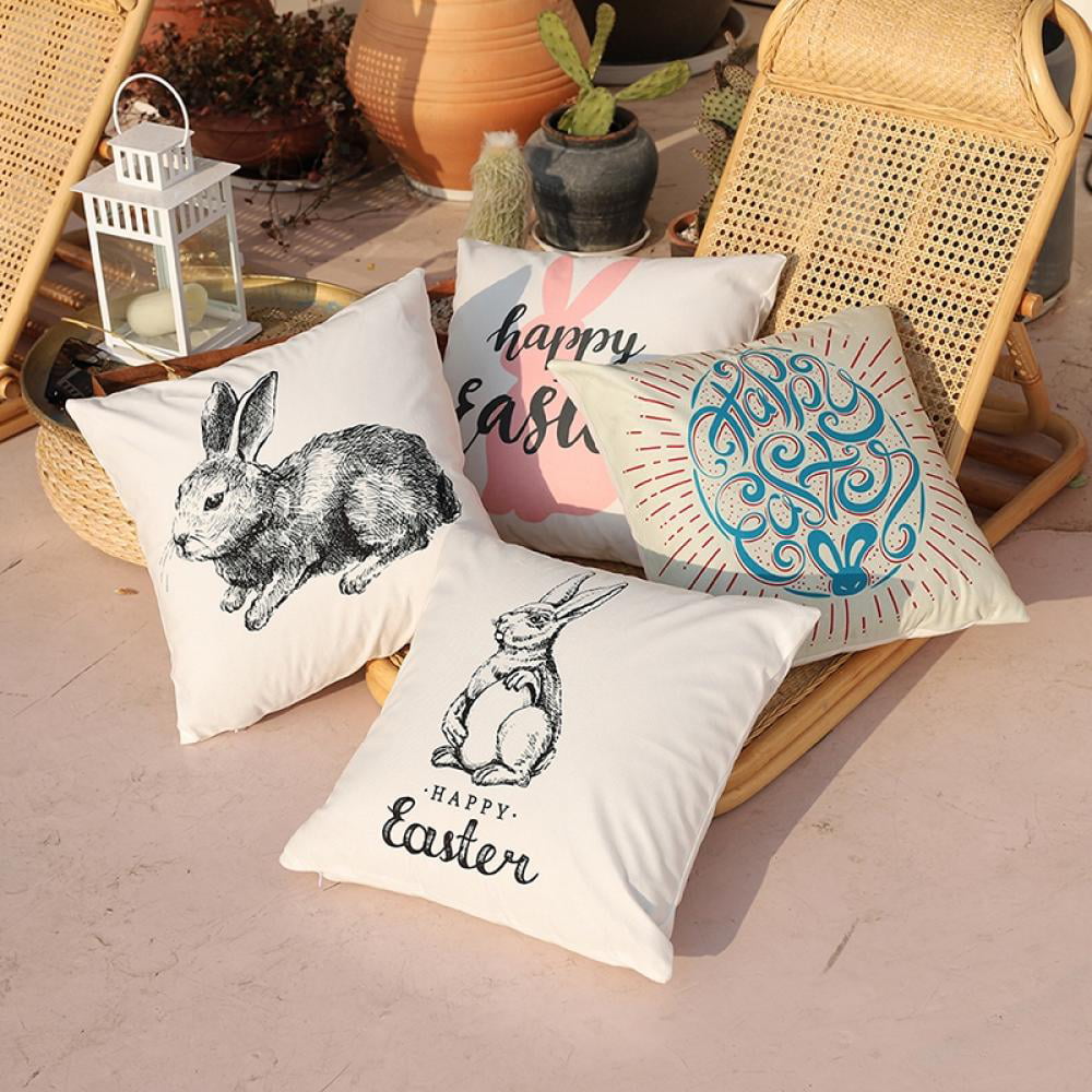 Wenini Cotton Linen Throw Pillow Case Easter Rabbit Print Square Cushion Cover 18 X 18 Inch Pillow 