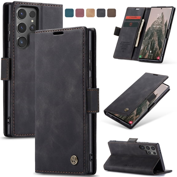 Compatible With Samsung Galaxy S22 Ultra Phone Case Full Coverage Dustproof Shockproof Kickstand Card Pocket Synthetic Leather Solid Color Luxury Lightweight Wallet Case,Black