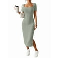 thumbnail image 2 of Women 2025 Summer Ribbed Short Sleeve Bodycon Maxi Dress Side Slit Knit Square Neck Long Sundress Green M, 2 of 8