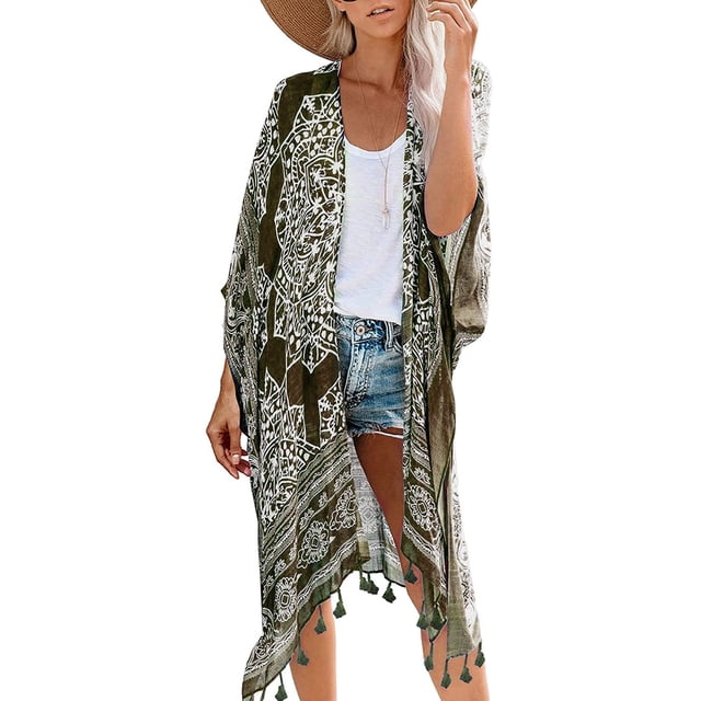 Breezy Lane Kimonos para mujer Ropa de playa Cárdigan de verano con borla verde con estampado bohemio