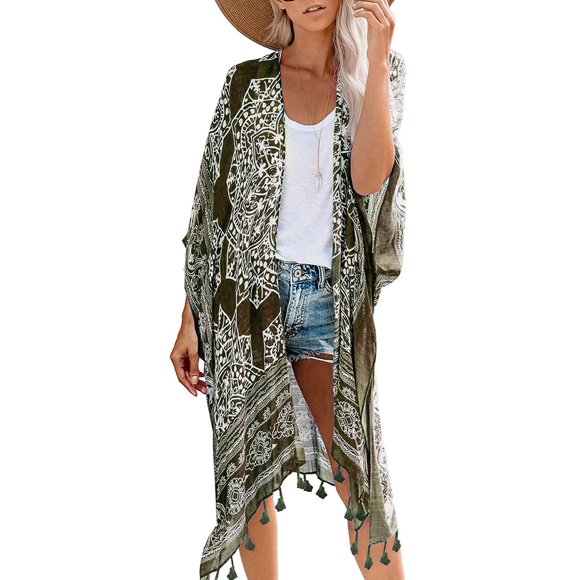 Breezy Lane Kimonos para mujer Ropa de playa Cárdigan de verano con borla verde con estampado bohemio