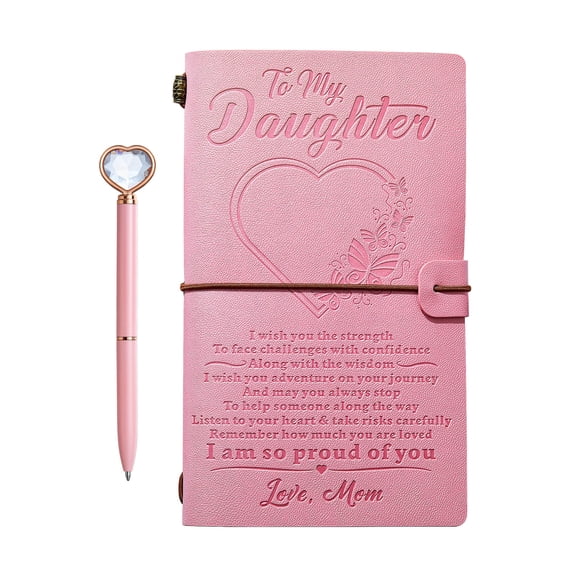 Set de regalo con diario de cuero rosa y bolígrafo en forma de corazón con forma de diamante para hija