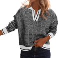 thumbnail image 2 of Long Sleeve Womens Fall Sweaters Tops Lapel V Neck Knit Sweater Color Block Casual Soft Pullover Jumper, 2 of 7