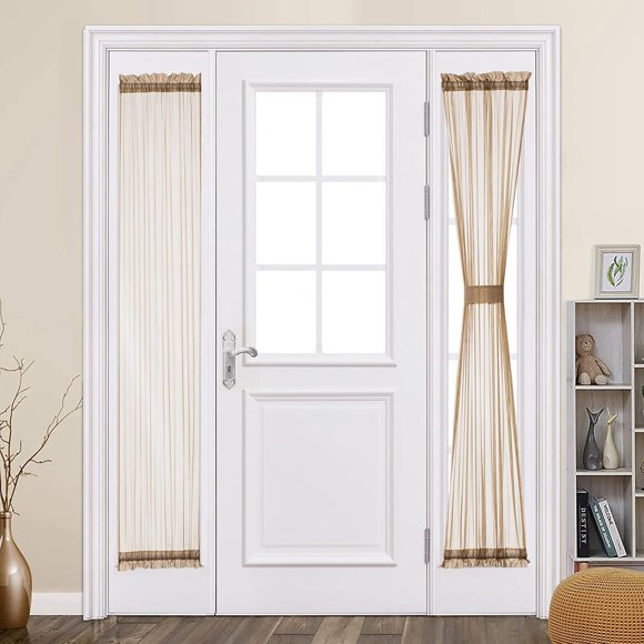 PinesC 2 Panels Sidelight French Door Curtains Semi Sheer Panels for Narrow Window 25 x 72 Inches with Tieback - 2 Panels,Brown
