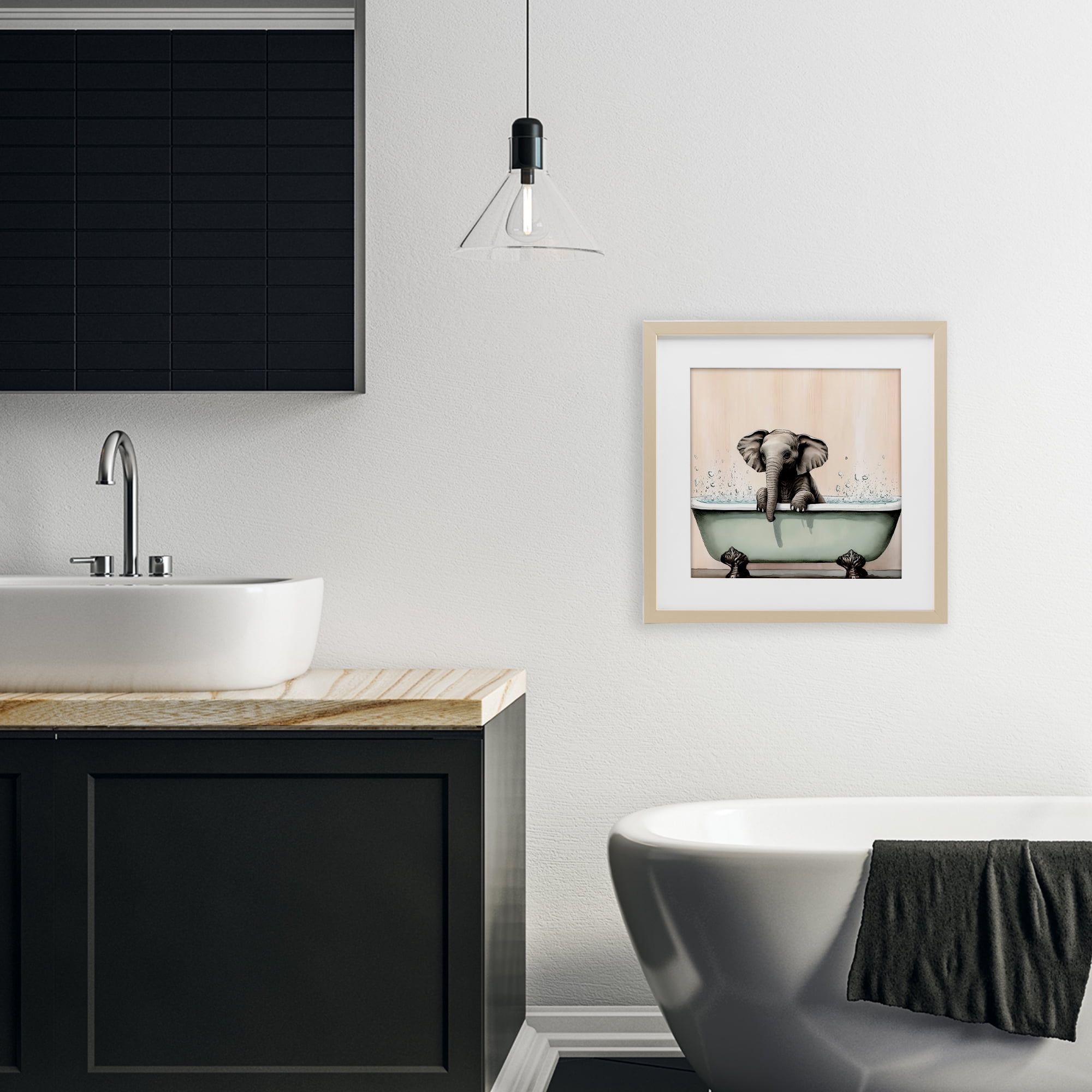 Baby Elephant Bathtime Birch Framed Print Under Glass, design by Sasha