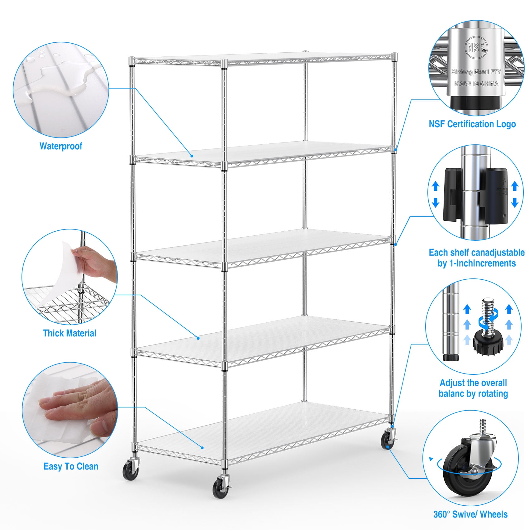 Miniyam 5 Tier 6000lbs Heavy Duty Metal Shelf Wire Shelving Unit , Adjustable Storage Rack with Wheels & Shelf Liners Commercial/Home, Chrome