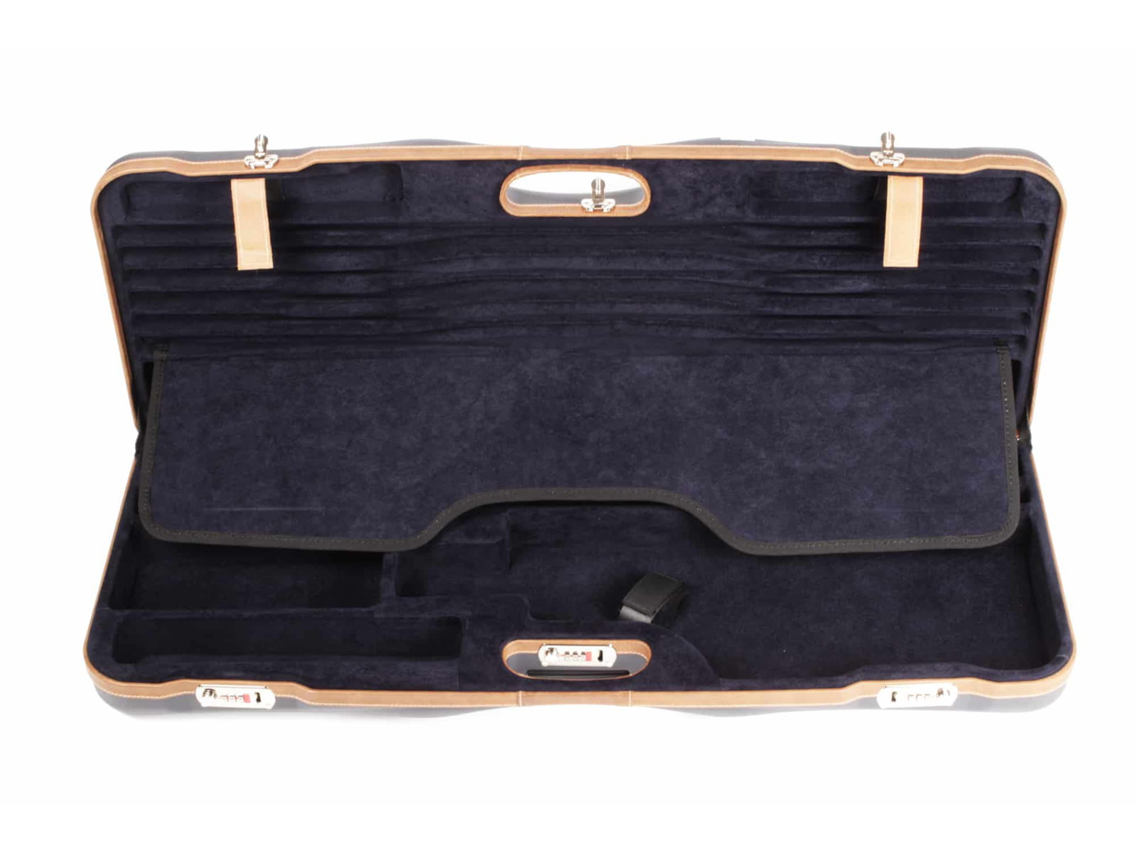 Negrini OU Deluxe Skeet Two Barrel Shotgun Case + Tube Set, Navy/Tobacco Leather/Navy Interior