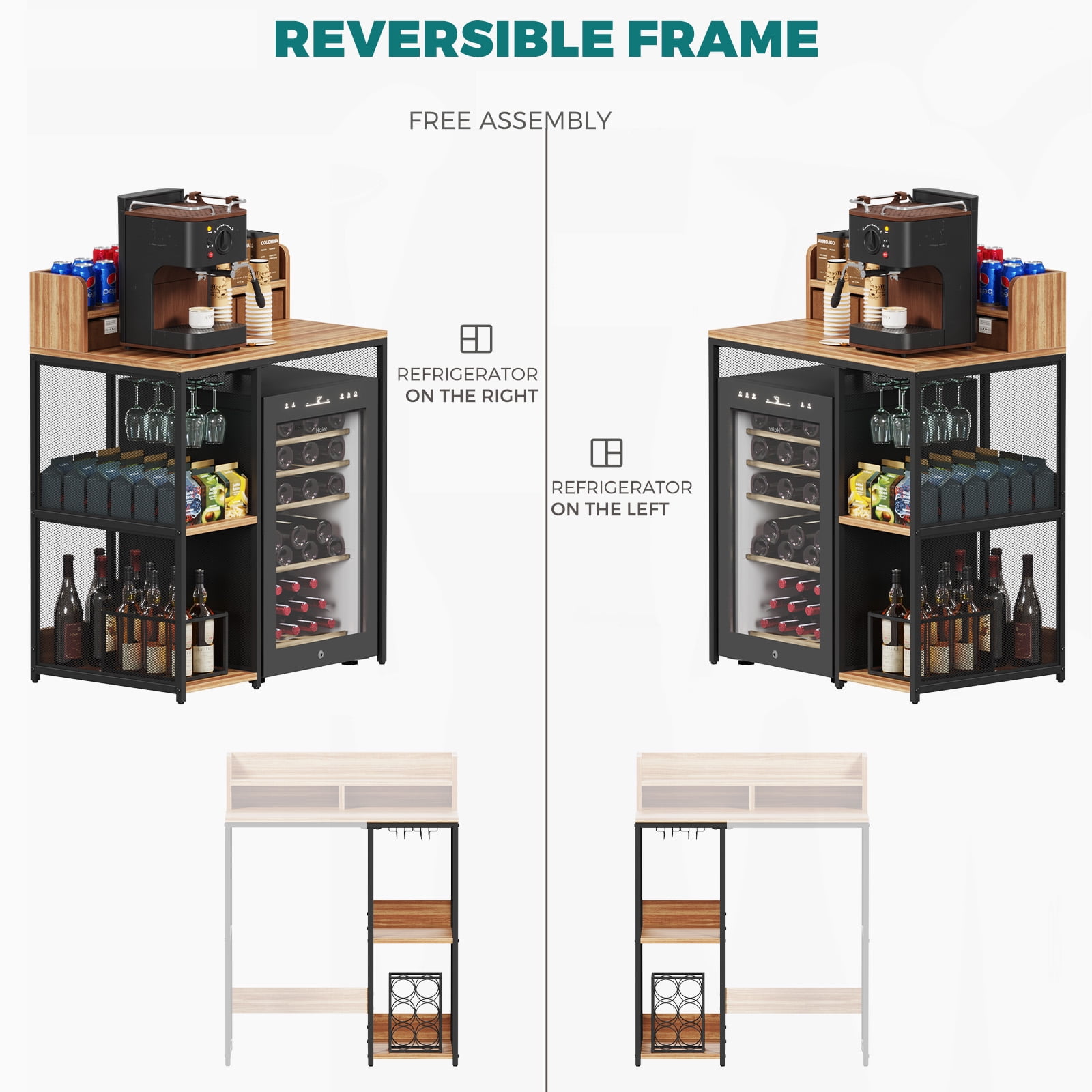 Advwin 4-Tier Mini Fridge & Microwave Oven Stand, Adjustable Kitchen Bakers Rack, Industrial Style Freestanding Utility Storage Shelf for Living Room, Dorm, Office, Bar, Natural