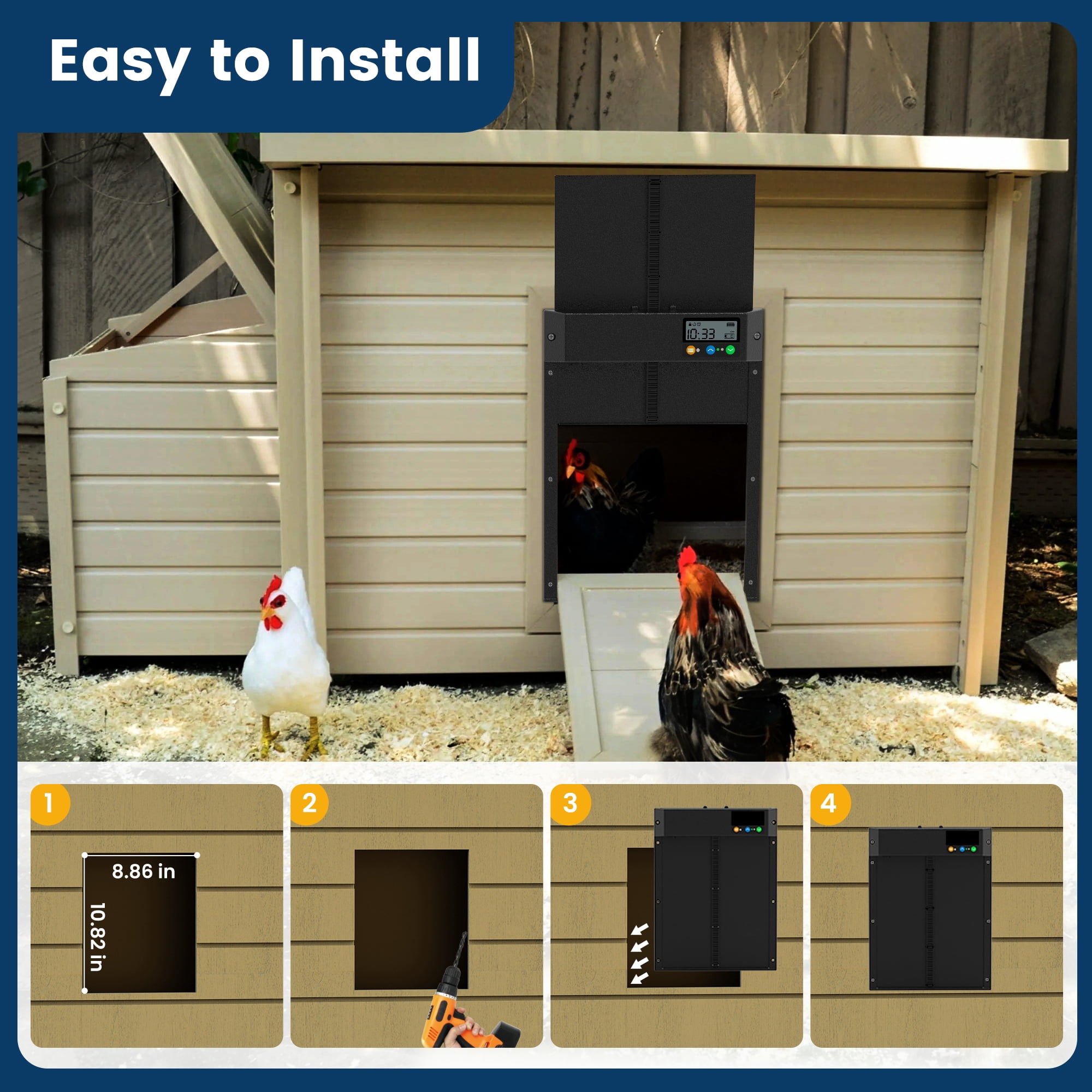 Solar Automatic Chicken Coop Door, Mollan Chicken Coop Door Opener with LCD Screen, Light Sensor/ Timer/ Remote Control Auto chicken Doors, Anti Pinch Waterproof Coop Door, Ideal for Chicken Breeding