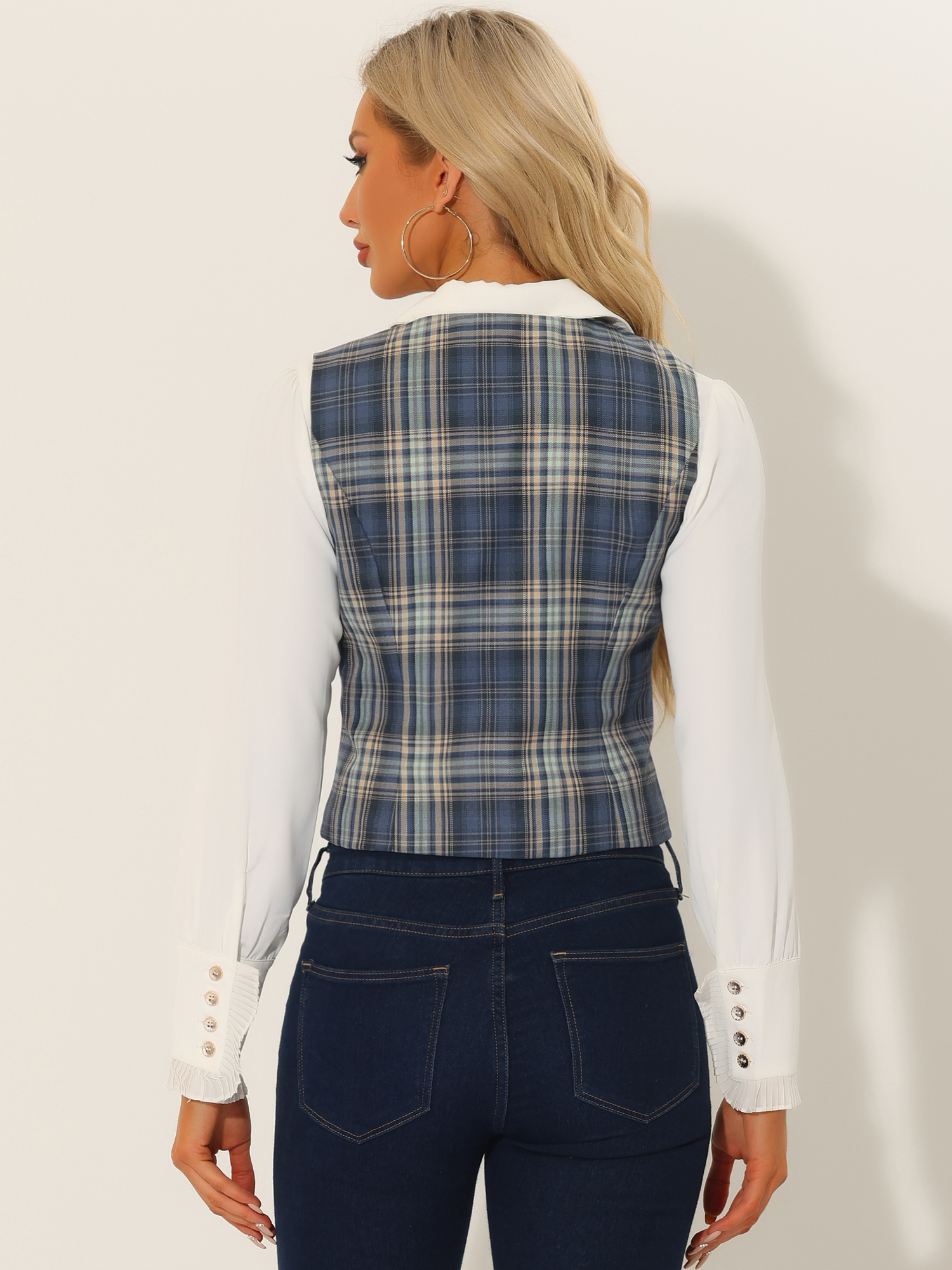 DARING DIVA Women's Plaid Single Breasted Sleeveless Racerback Waistcoat L Grey Blue