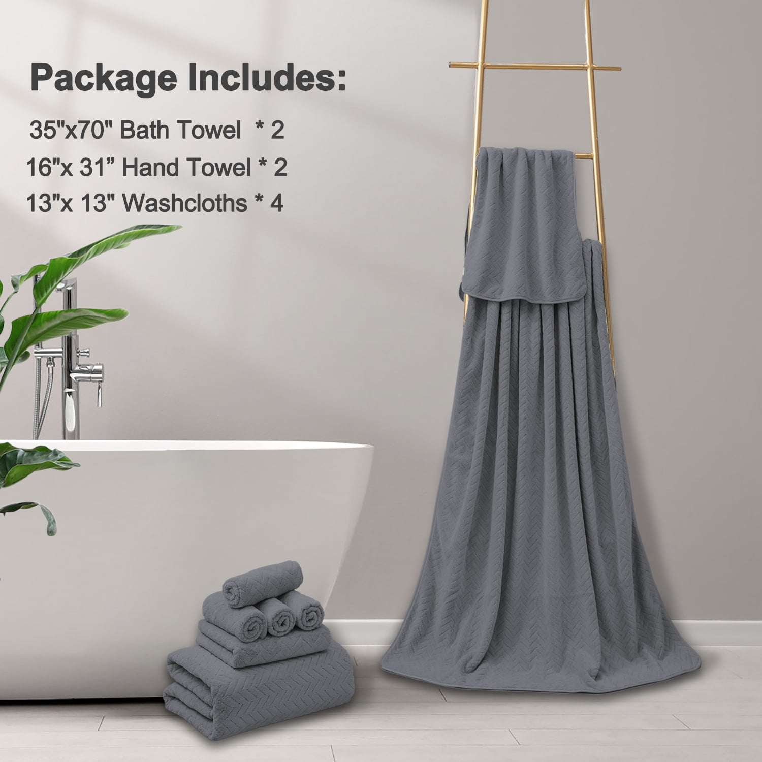 Covina Home 8-Pack Dark Grey Bath Towel Set, Oversized Ultra Soft Microfiber Bathroom Towel Set Adult Luxury Lightweight Cozy Collection