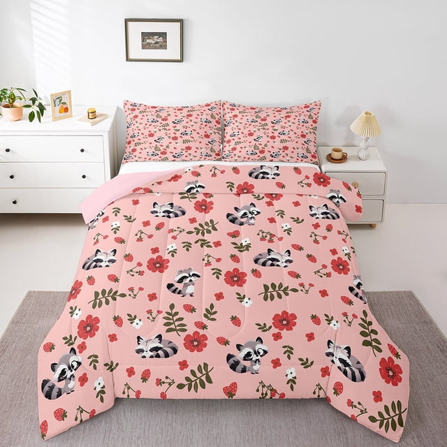 Erosebridal Kawaii Raccoon Bedding Twin Comforter Set,Red Flower Down Comforter,Animal Decor,Reversible,Lightweight,2 Piece