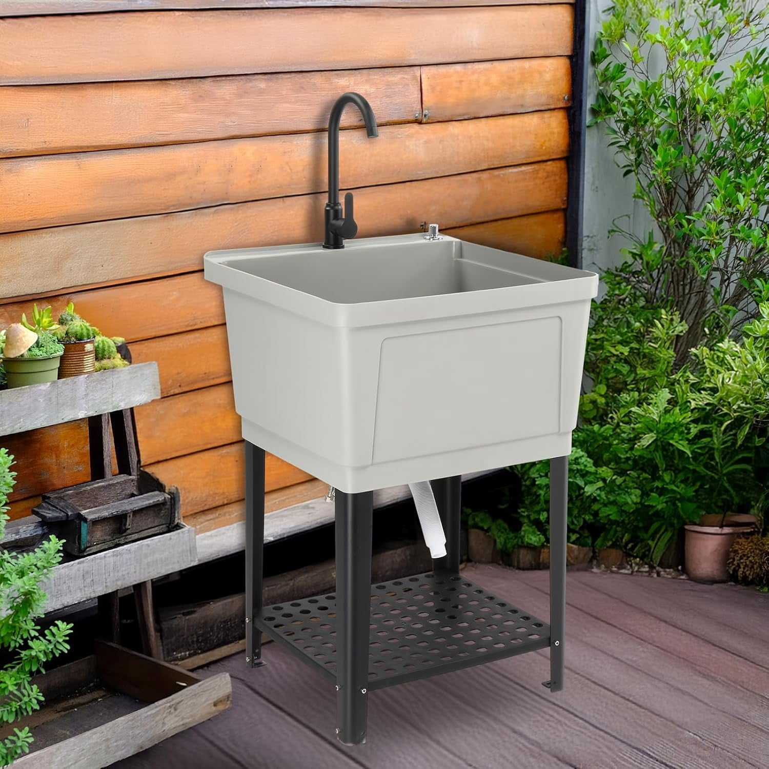 Ktaxon 21 Gallon Plastic Utility Sink with Hot/Cold Faucet, 36" Freestanding Laundry Tub with Adjustable Legs, Soap Dispenser and Pop-up Button for Bathroom, Laundry Room, Garage, Gray