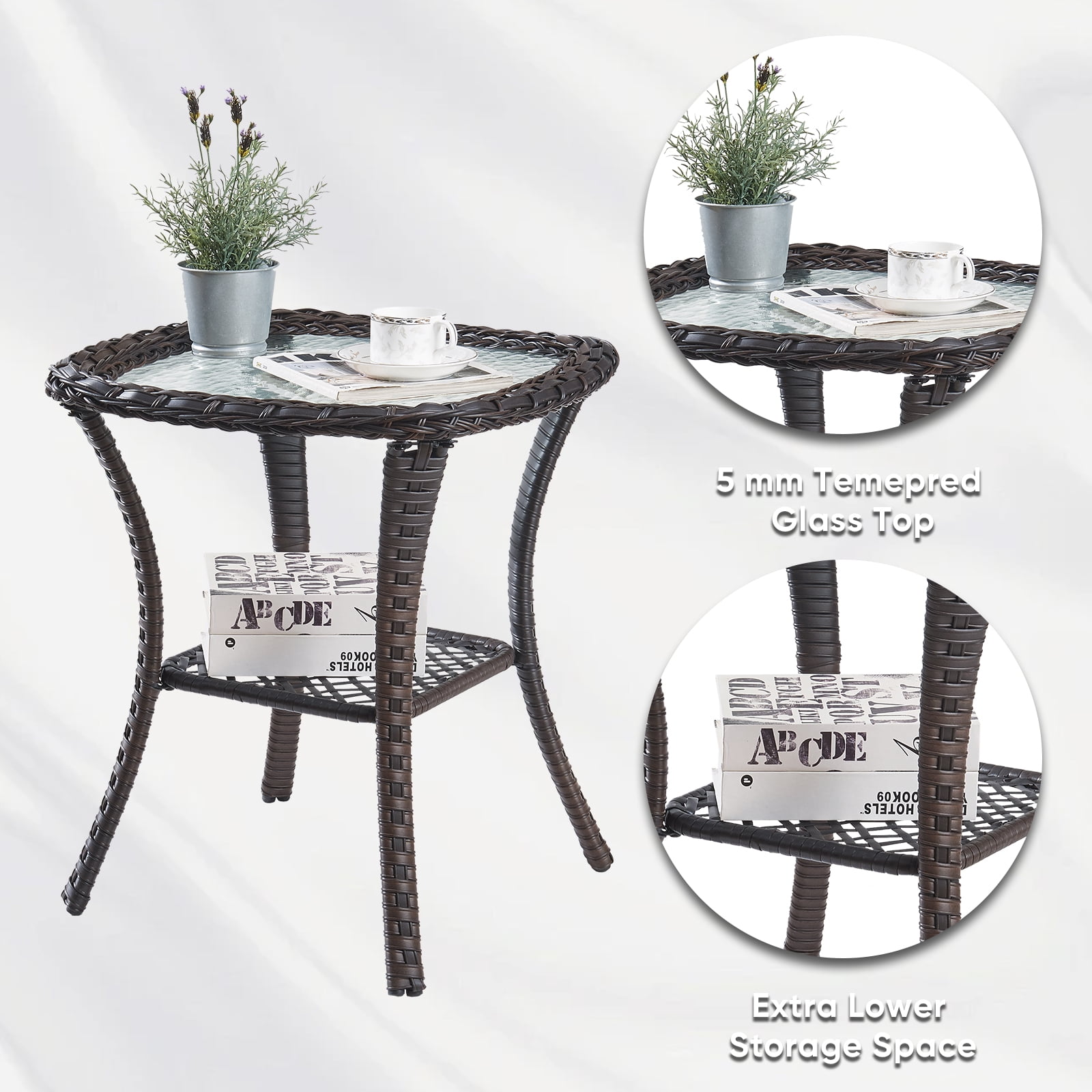 PARKWELL Outdoor Patio Side Table Square Wicker End Table with Glass Top, Brown
