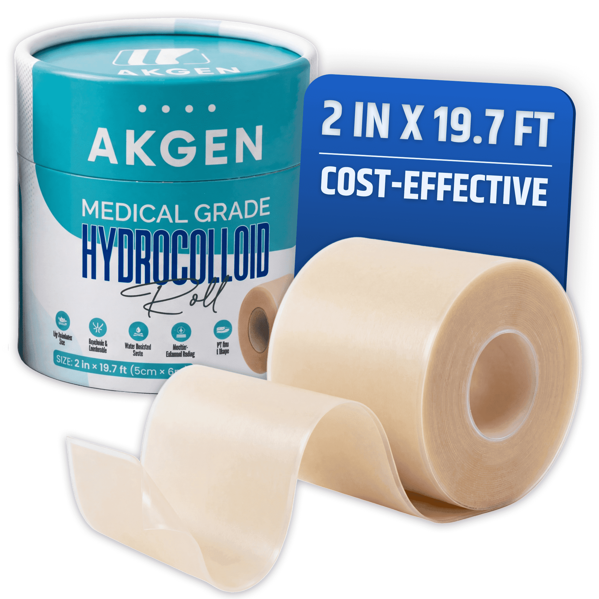 AKGEN Hydrocolloid Roll for Wound Care, Cut-to-Size Extra Large Self-Adhesive Patch Bandage, Ultra-Absorbent, Flexible & Waterproof, 2 in x 19.7 ft