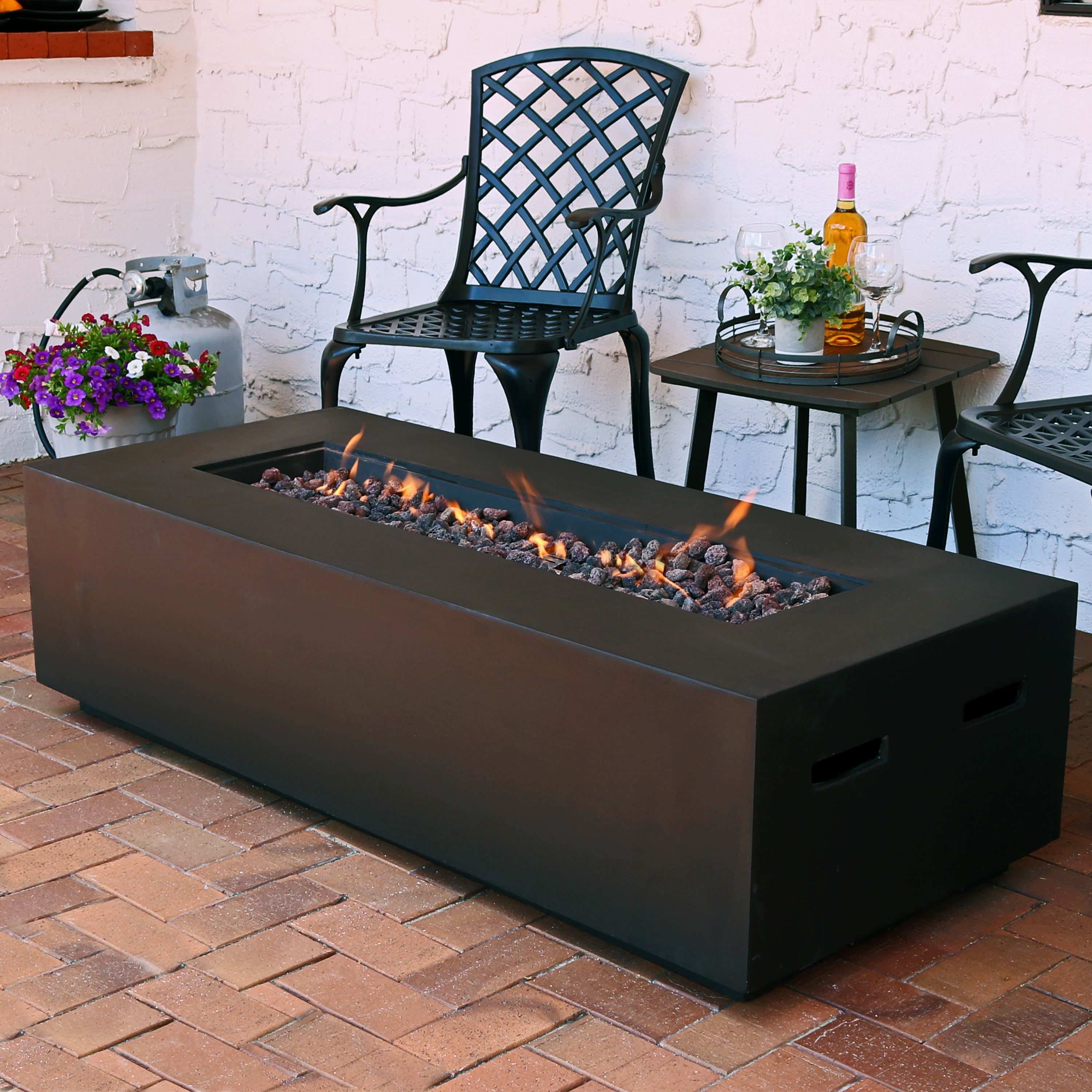 Sunnydaze Brown Lp Gas Modern Fire Pit Coffee Table W Cover And Lava Rocks 56